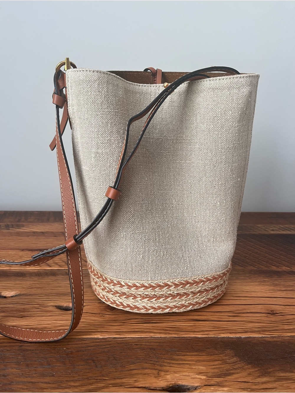 LOEWE Bucket Gate Bag in Tan Leather and Canvas